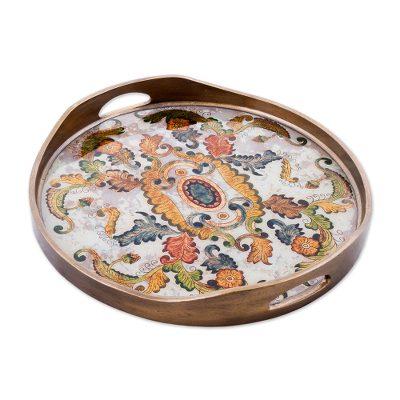 Floral Heaven,'Reverse Painted Glass Tray with Elegant Floral Motifs'