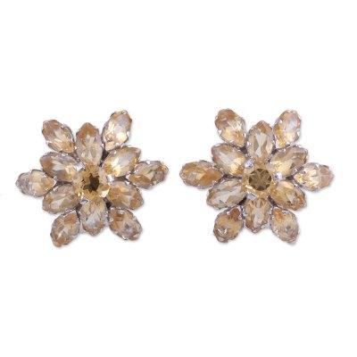 Golden Burst,'Rhodium Plated Citrine Button Earrings from India'