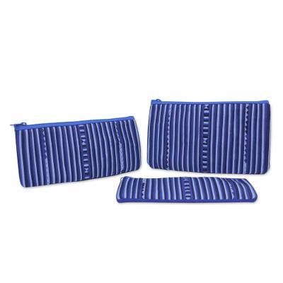 Cotton blend cosmetic bags, 'Blue Lisu Chic' (set of 3)