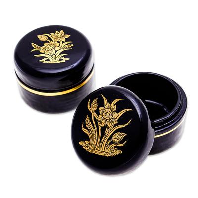 Deco Lotus,'Gold-Accented Lotus-Themed Lacquerware Boxes (Pair)'