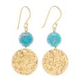 Golden Coin in Turquoise,'Reconstituted Turquoise Bead and Brass Coin Dangle Earrings'