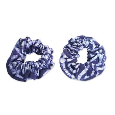 Thankful Indigo,'Pair of Indigo and White Patterned Cotton Scrunchies'