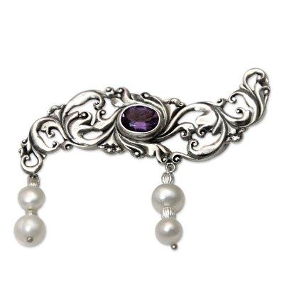 Cultured pearl and amethyst brooch pin, 'Misty Dew...