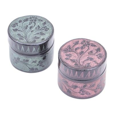 Flip Side Flora,'Decorative Floral Wood Boxes from Thailand (Pair)'