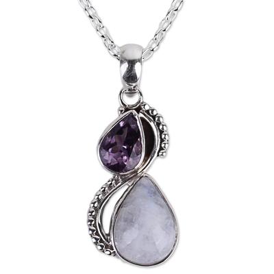 Two Teardrops,'Silver and Rainbow Moonstone Necklace with Faceted Amethyst'