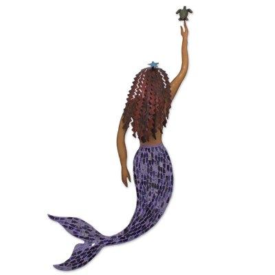 Iron and glass mosaic wall sculpture, 'Mermaid and Turtle'