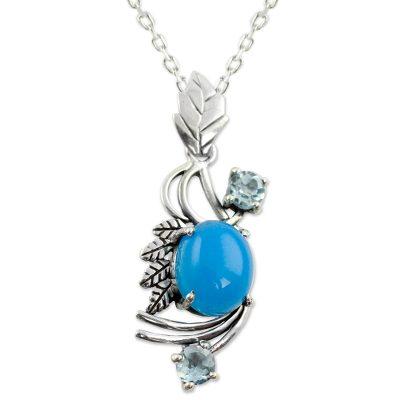 Chalcedony and blue topaz pendant necklace, 'Mughal Romance'