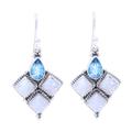 Morning Delight,'Rainbow Moonstone and Faceted Blue Topaz Earrings from India'