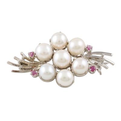 Precious Bouquet,'Feminine Cultured Pearl and Ruby Brooch Pin'