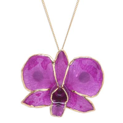 'Gold-Plated Fuchsia Orchid Petal Pendant Necklace and Brooch'