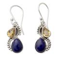 Lapis lazuli and citrine dangle earrings, 'Two Teardrops'