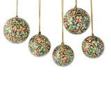 Papier mache ornaments, 'Holiday Greetings' (set of 5)
