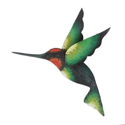 Delightful Green Hummingbird,'Green Hummingbird Artisan Handcrafted Steel Wall Sculpture'