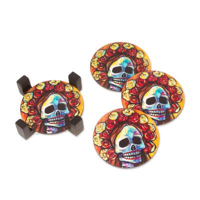 Skeleton Bride,'Pinewood Coasters with Base Skull (Set of 4) from Mexico'