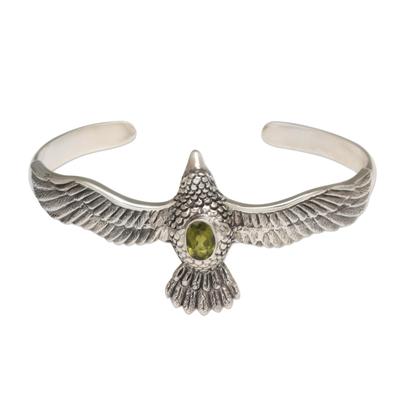 Spirit Hawk,'Peridot Hawk Motif Cuff Bracelet in S...