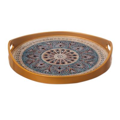 Heart Mandala,'Circular Reverse-Painted Glass Tray (12 Inch)'