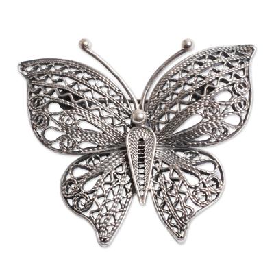 Sterling silver filigree brooch pin, 'Aged Catacos Butterfly'