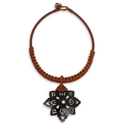 Leather and coconut shell flower necklace, 'Floral Brown'