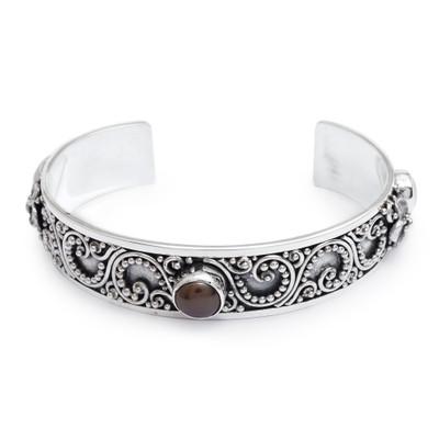Balinese Ivy,'Sterling Silver Cuff Bracelet with White and Peacock Pearls'