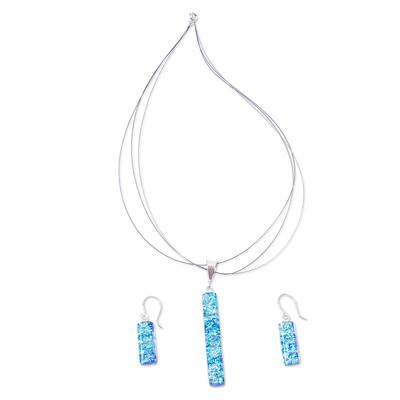 Crystalline Sky,'Dichroic Art Glass Icy Blue Necklace & Earrings Set'