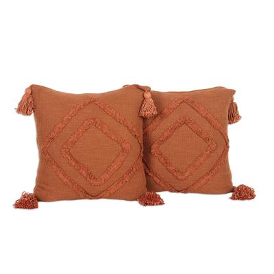 Copper Diamonds,'Pair of Geometric Copper Embroidered Cotton Cushion Covers'