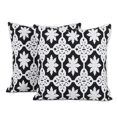 Midnight Royalty,'Two Embroidered Cotton Cushion Covers in Black and White'