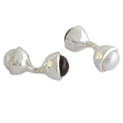 Cultured pearl and smoky quartz cufflinks, 'Lumino...