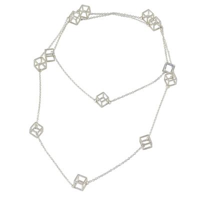 Silver Cubism,'Long Sterling Silver Cube Station Necklace from India'