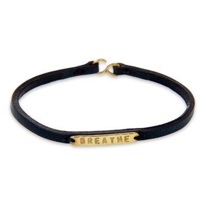 Breathe,'Engraved Brass on Slender Leather Wristband Bracelet'