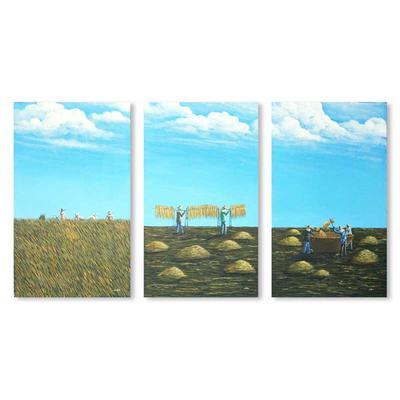 'Harvest of Rice' (triptych) - Landscape Naif Painting