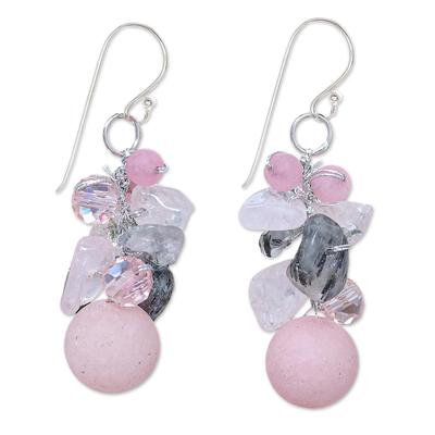 Frozen Flowers,'Handcrafted Rose Quartz and Glass Bead Dangle Earrings'