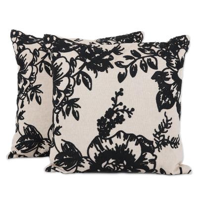 Charming Midnight,'Black Floral Embroidered Cotton Cushion Covers (Pair)'