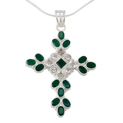 Brilliant Faith,'Green Onyx and Quartz Cross Pendant Necklace from India'