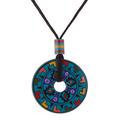 Garden of the Sun,'Hand Painted Blue Multicolored Ceramic Pendant Necklace'