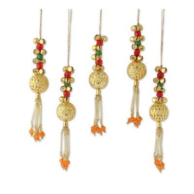 Beaded brass ornaments, 'Jingle Bells' (set of 5)