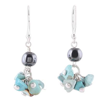 Dancing Turquoise,'925 Sterling Silver Hematite and Turquoise Dangle Earrings'
