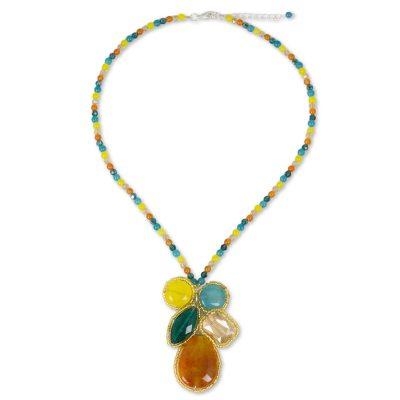Quartz pendant necklace, 'Bright Bohemian Bouquet'
