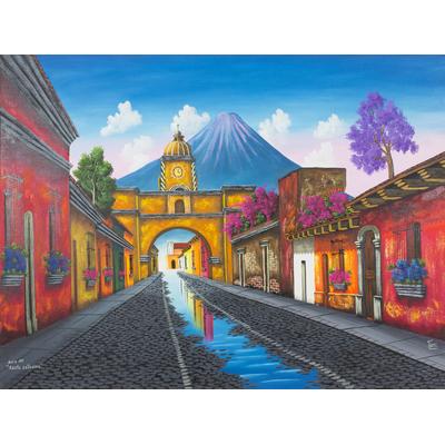 Santa Catalina Arch,'Signed Painting of a Volcano Town from Guatemala'