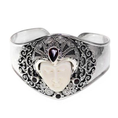 Jungle Princess,'Artisan Crafted Carved Bone and Silver Cuff with Garnets'