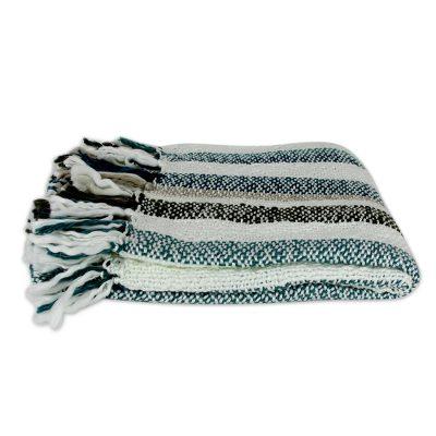 Throw, 'Teal Kiss' - Indian Striped Throw Blanket