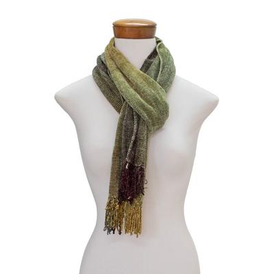 Profound Green,'Handwoven Green Rayon Chenille Scarf from Guatemala'