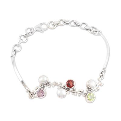 'Multi-gemstone and Pearl Sterling Silver Pendant Bracelet'
