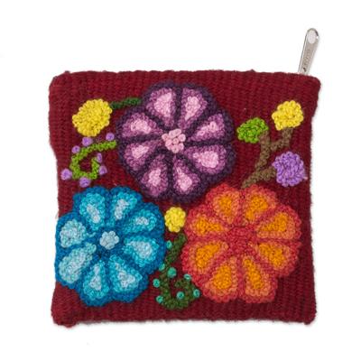 Cherry Garden,'Floral Embroidered Wool Coin Purse in Cherry from Peru'