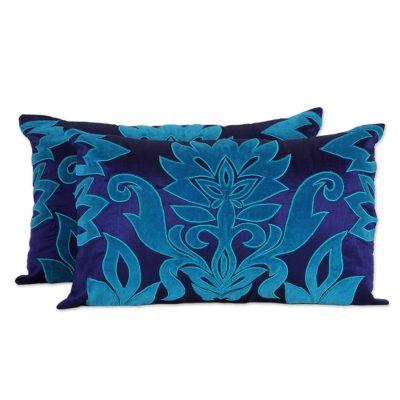 Sapphire Grandeur,'Two Blue and Turquoise Embroidered Applique Cushion Covers'