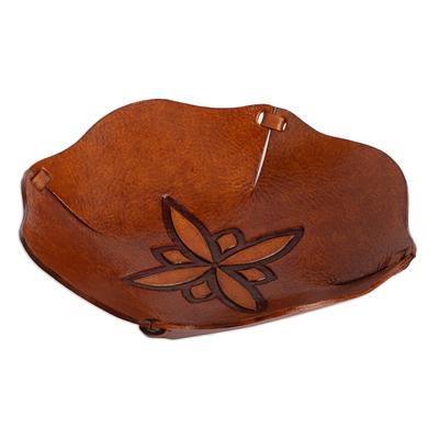 Andean Flower,'Pure Leather Catchall with Floral Design from Peru'