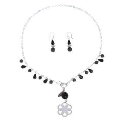 Balance Blooms,'Necklace and Earring Set with Agate and Smoky Quartz Gems'