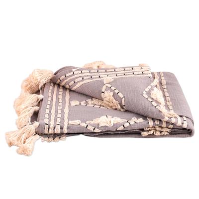 Diamond Glory,'Grey and Ivory Embroidered Cotton Throw with Tufted Accents'