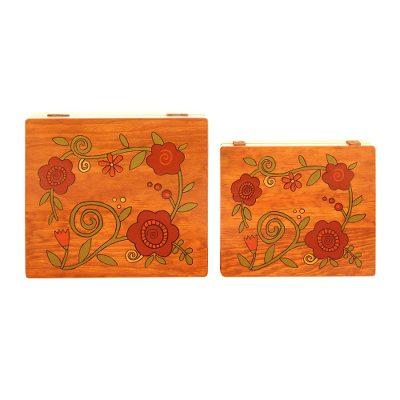 'Square Pinewood Red-Orange Flowers Decorative Boxes (Pair)'