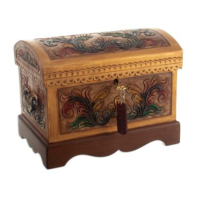 'Hand-Painted Mohena Wood and Leather Jewelry Box from Peru'