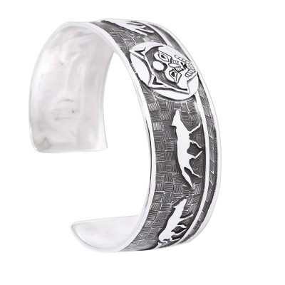 Lunar Wolves,'Taxco Sterling Silver Wolf Cuff Bracelet from Mexico'